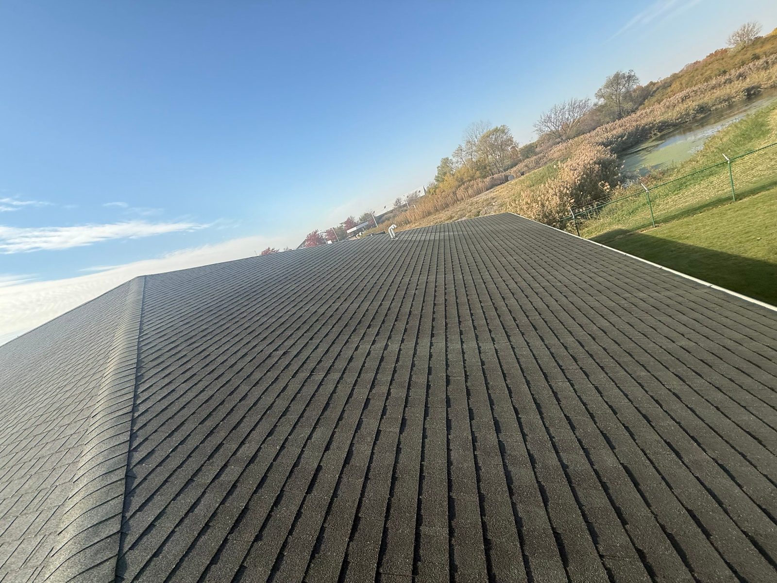 Aerial view completed commercial roof — Merrillville, IN