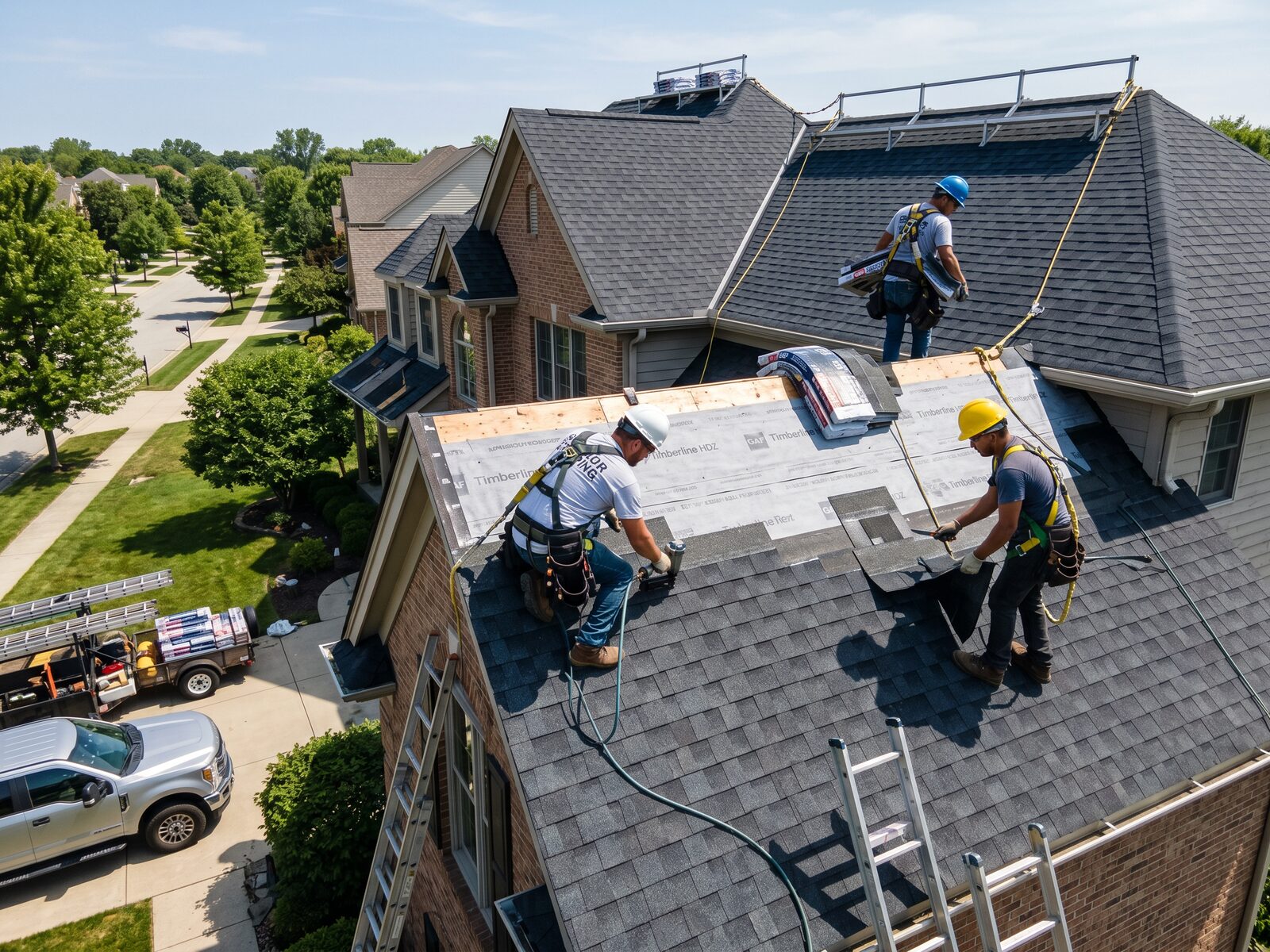 Great American Roofing team installing GAF architectural shingles on a suburban home in Greater Cincinnati