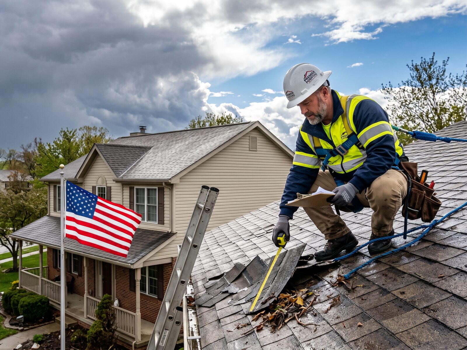 Great American Roofing inspector assessing hail and storm damage on a residential roof in Northern Kentucky